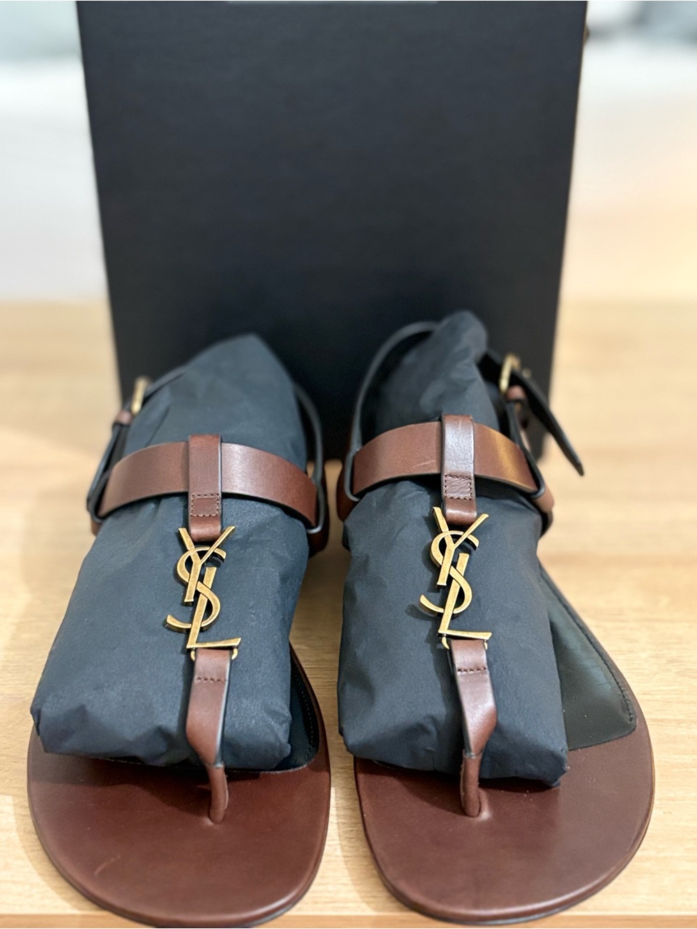 Saint Laurent Brown Leather T-Strap Sandals with Gold YSL Emblem